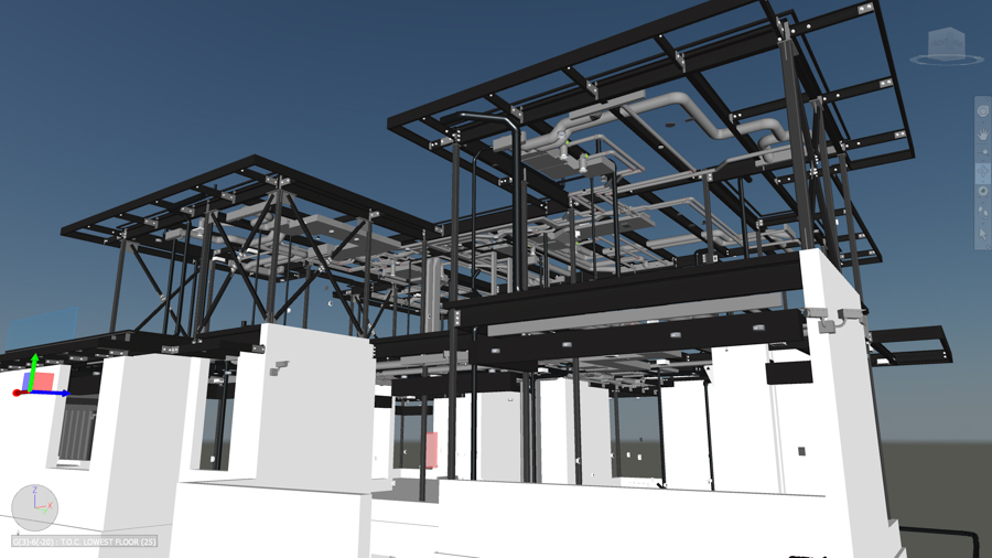 3D model of a building showing exposed structural beams, piping, and unfinished white walls against a blue sky.