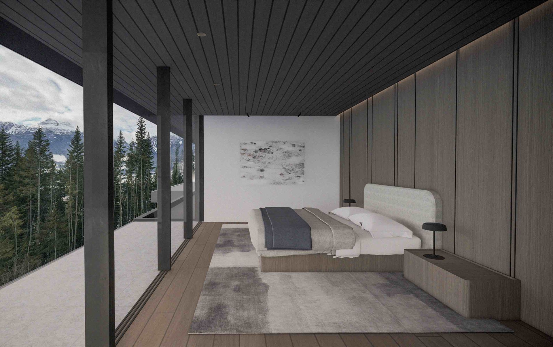 Minimalist bedroom by BC Construction Company features floor-to-ceiling windows, a serene forest view, and neutral-toned furnishings and decor.