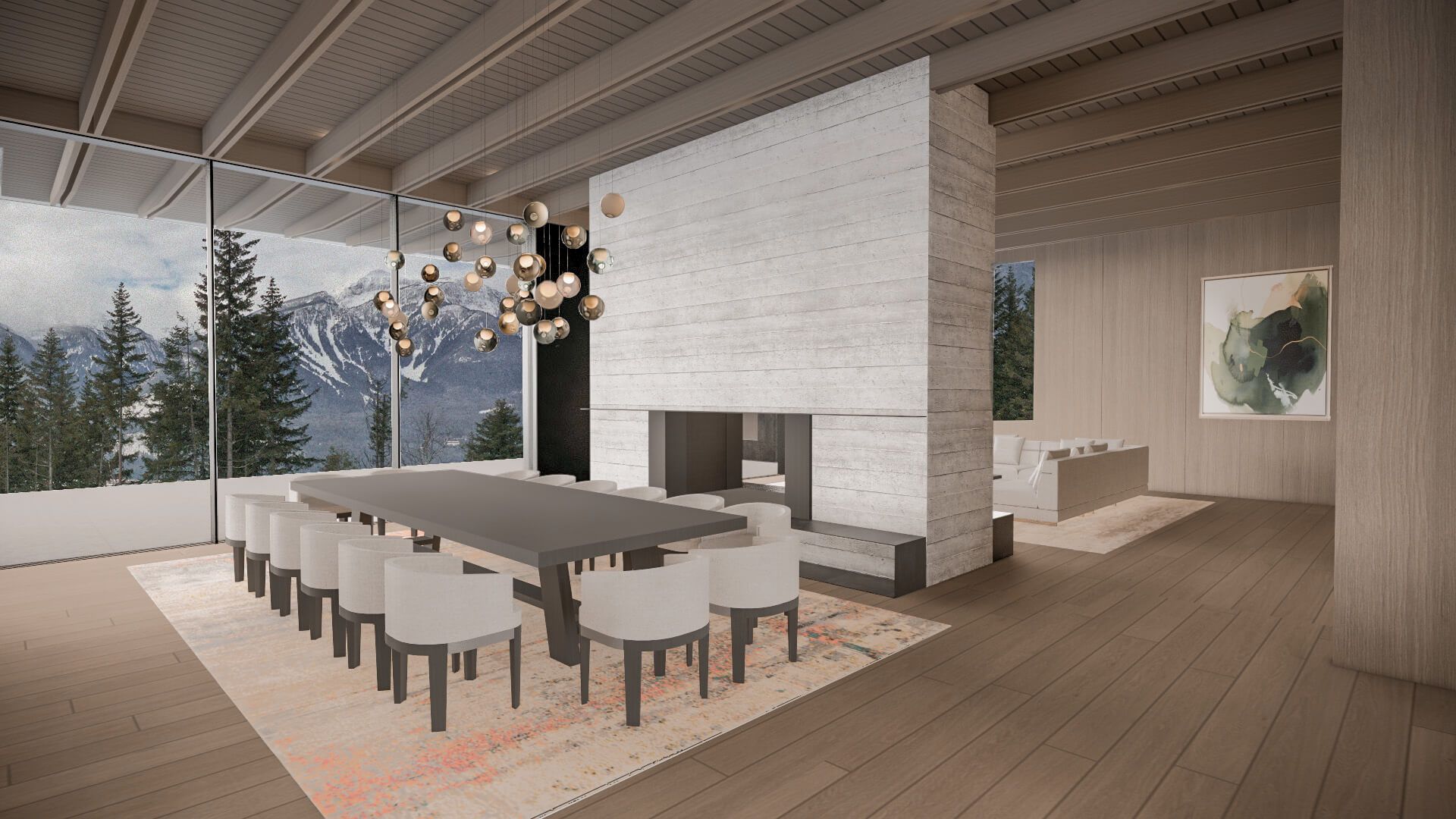 Dining room with long table, contemporary light fixture, large windows, and stunning mountain view in the background—expertly crafted by a leading Vancouver construction company.