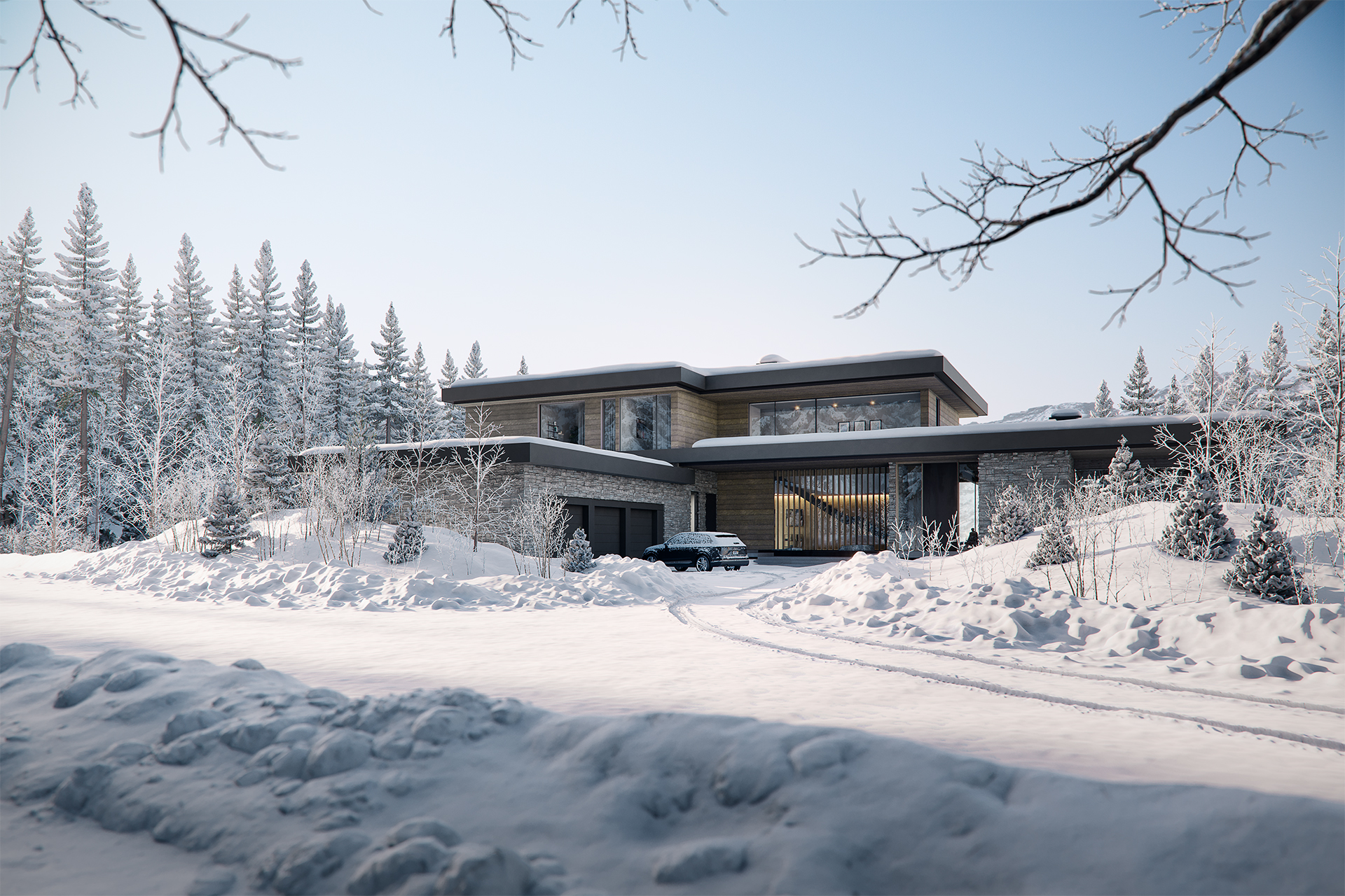 Contemporary house built by a skilled general contractor sits on a snowy hillside in Vancouver, BC, featuring large windows and surrounded by snow-covered trees at dusk.