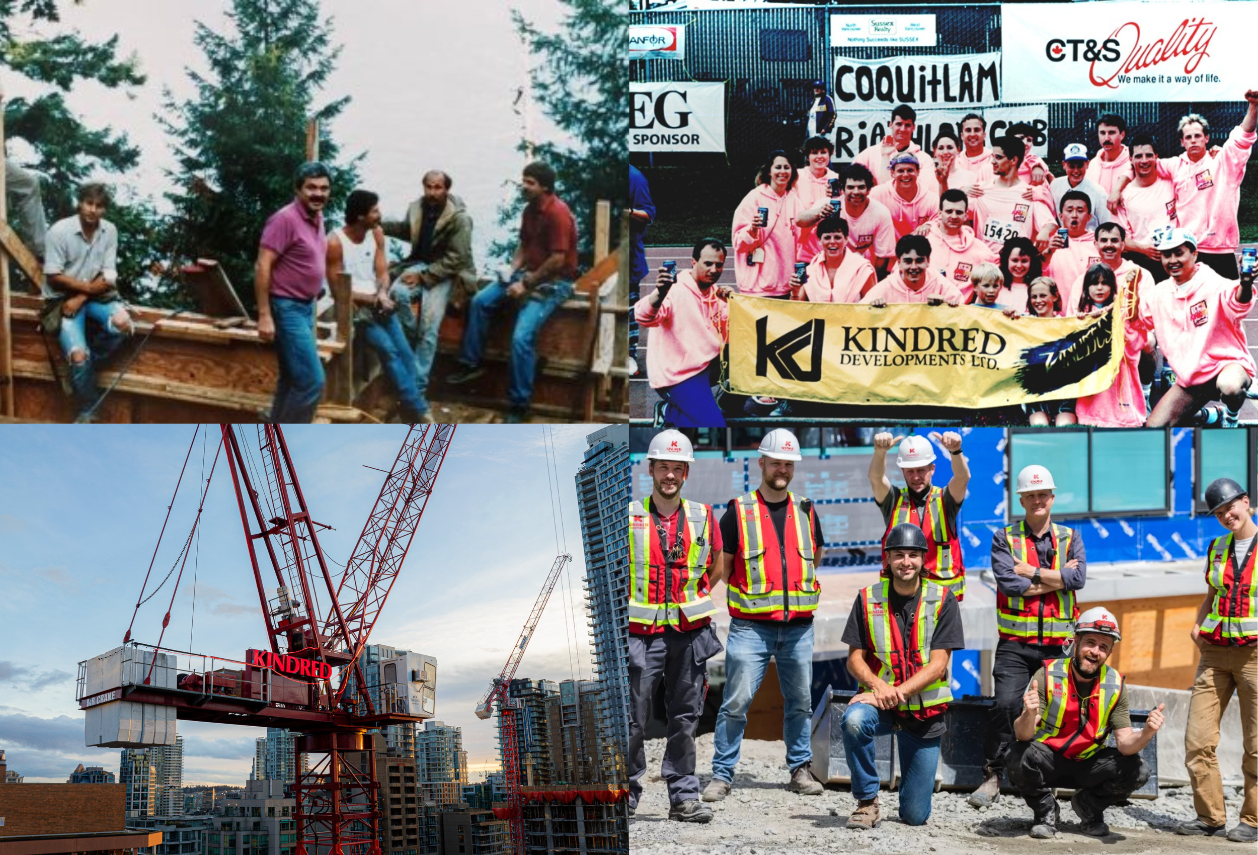 A collage of construction workers, cranes, group photos, and company banners at building sites.